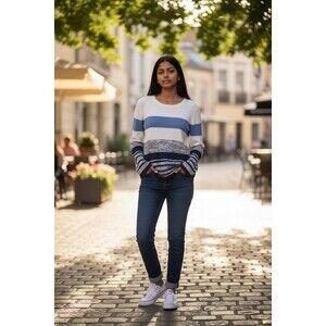 Brooks Brothers Red Fleece Sweater Womens M Striped Blue White Gray